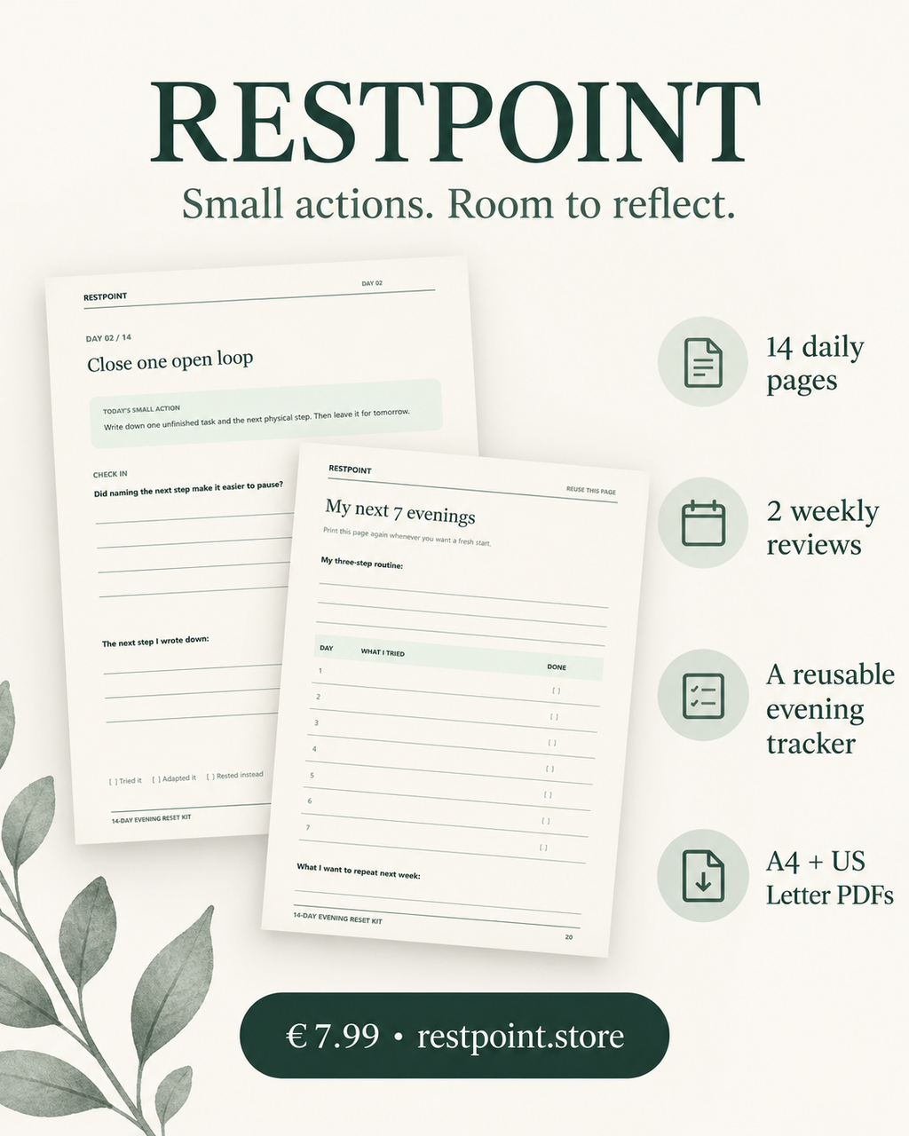 Inside the Restpoint Evening Reset Kit: daily worksheet, seven-evening tracker, and included PDFs