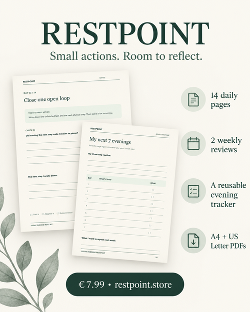 Inside the Restpoint Evening Reset Kit: daily worksheet, seven-evening tracker, and included PDFs